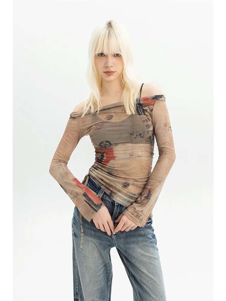 Women's Graphic Print T-Shirt Girl Harajuku Long Sleeve T-Shirt Streewear Vintage 90s Aesthetic Female Y2k Top Tee Clothes 2023