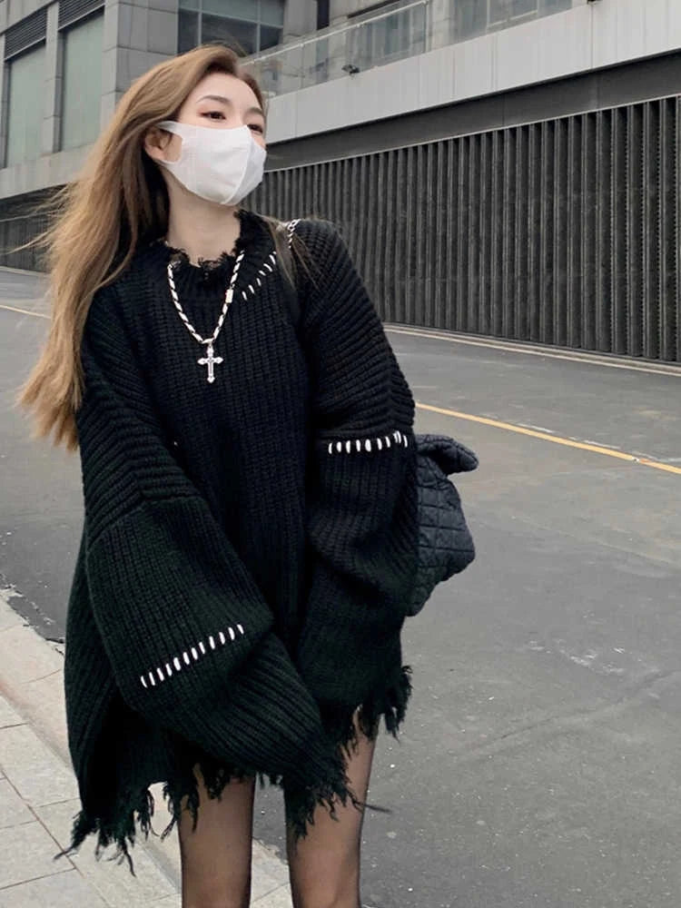 Women Black Gothic Pullover Sweater Harajuku Long Sleeves O-Neck Soft Knitted Sweaters Vintage 90s Y2k 2000s Clothes Autumn 2024