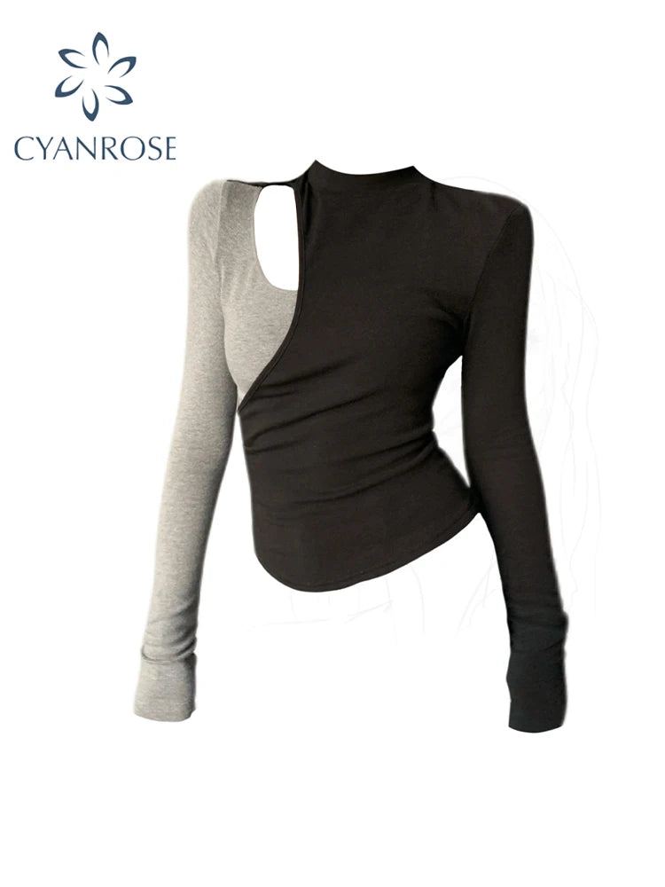 Women Black Grey Patchwork T-shirt Harajuku Korean Y2k Vintage 90s Tee Tops Long Sleeve Slim T-shirts 2000s Emo Coquette Clothes