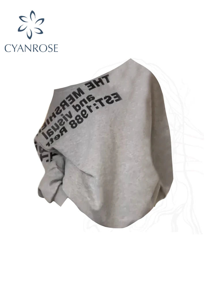 Women Grey Letter Print Long Sleeve Sweatshirt 90s Aesthetic Vintage Streetwear Harajuku Oversize Sweatshirt Clothes Autumn 2024