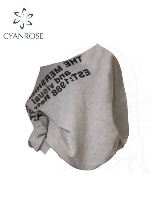 Women Grey Letter Print Long Sleeve Sweatshirt 90s Aesthetic Vintage Streetwear Harajuku Oversize Sweatshirt Clothes Autumn 2024