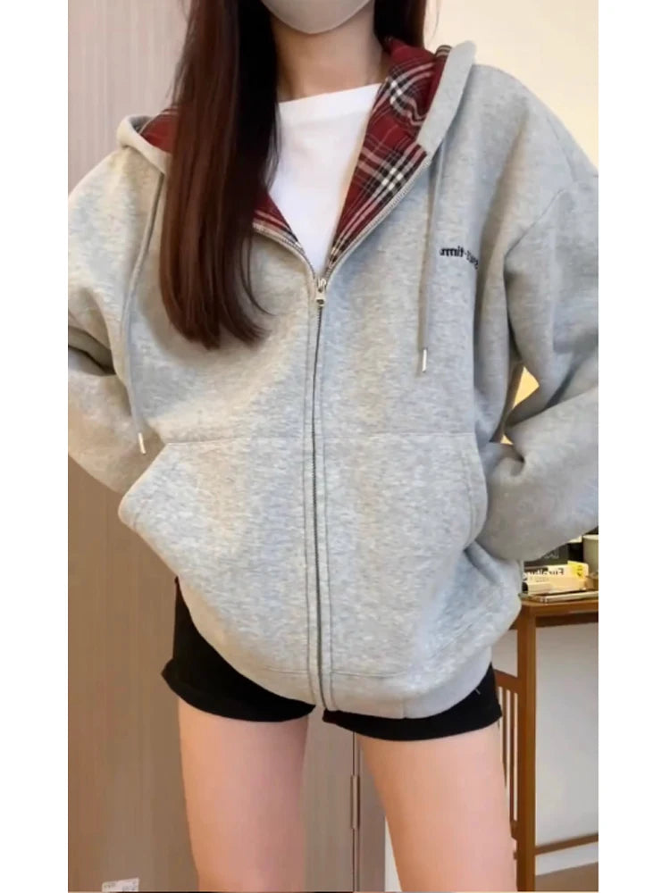 Women's Grey Sweatshirt Vintage Streetwear Korean Fashion Harajuku 90s Aesthetic Red Plaid Hoodies Sweatshirt Top Clothes Autumn
