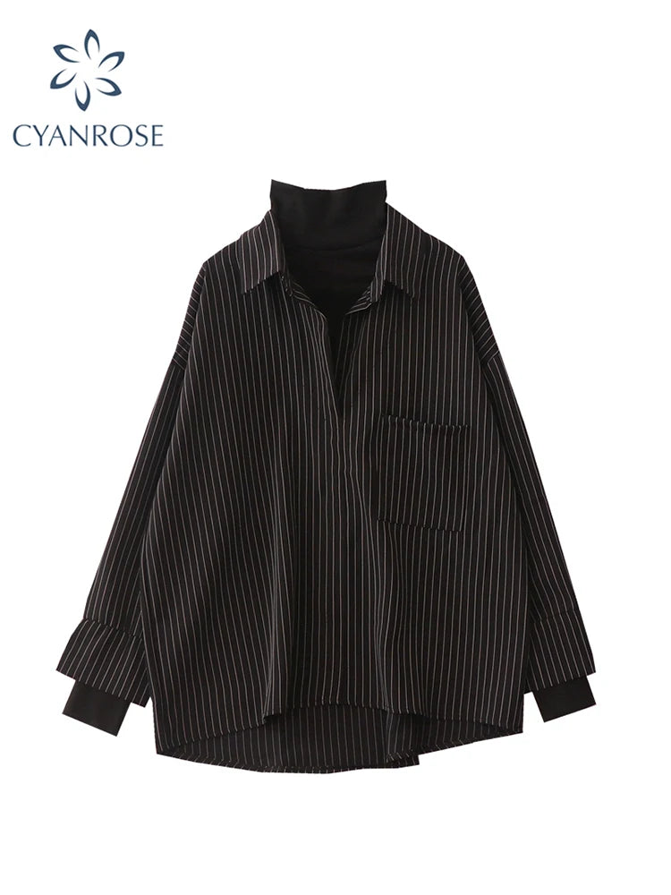 Fake Two Piece Striped Shirt Women Patchwork Knitted Turtleneck 2022 Autumn Winter Long Sleeve Casual Loose Female Blouse Tops
