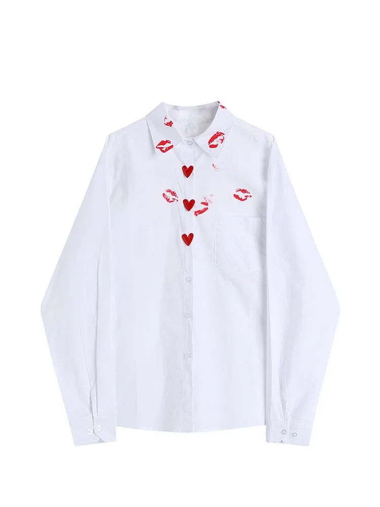 2022 Early Autumn Ladies New Style Lip Print Heart Print Shirt Women Fashion Loose White Long Sleeved Temperament Button Blusas