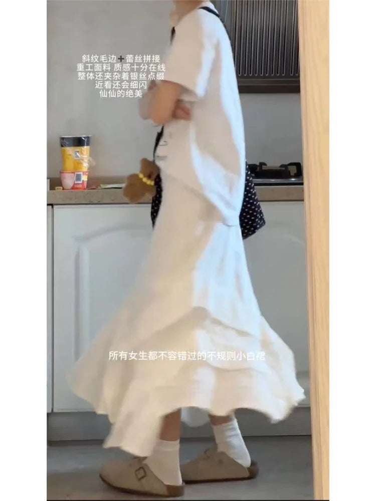 Women's White Y2k A-line Skirt Elegant Harajuku Oversize Long Skirts Streetwear 90s Aesthetic Vintage Skirt 2000s Clothes Summer