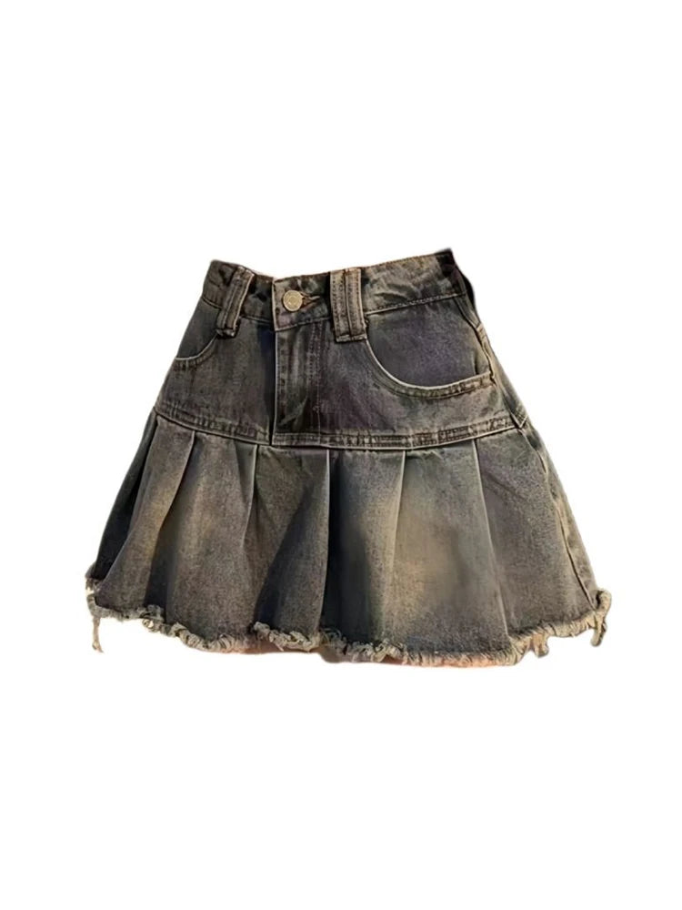 Women's Blue A-line Denim Pleated Skirt Vintage Aesthetic Streetwear Y2k Jeans Skirt Harajuku Korean Skirts 2000s Clothes Summer