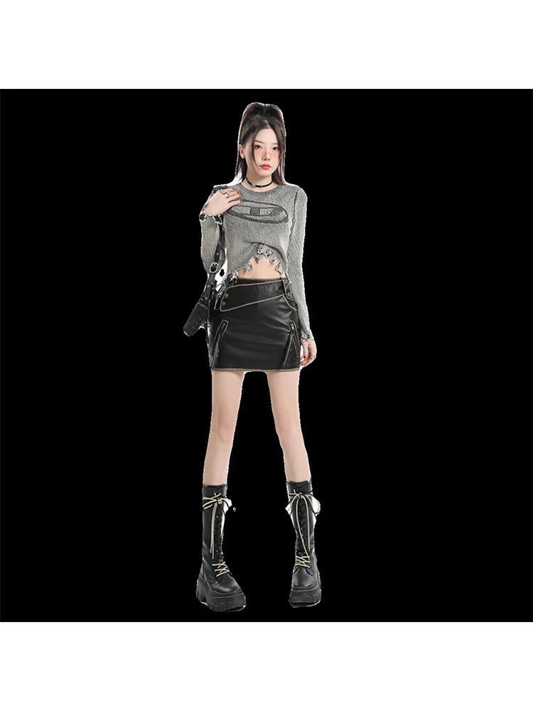 Women Black Gothic A-line Leather Skirt Vintage Y2k Skirt Harajuku Korean Fashion Mini Skirt 2000s Aesthetic Trashy Clothes 2024