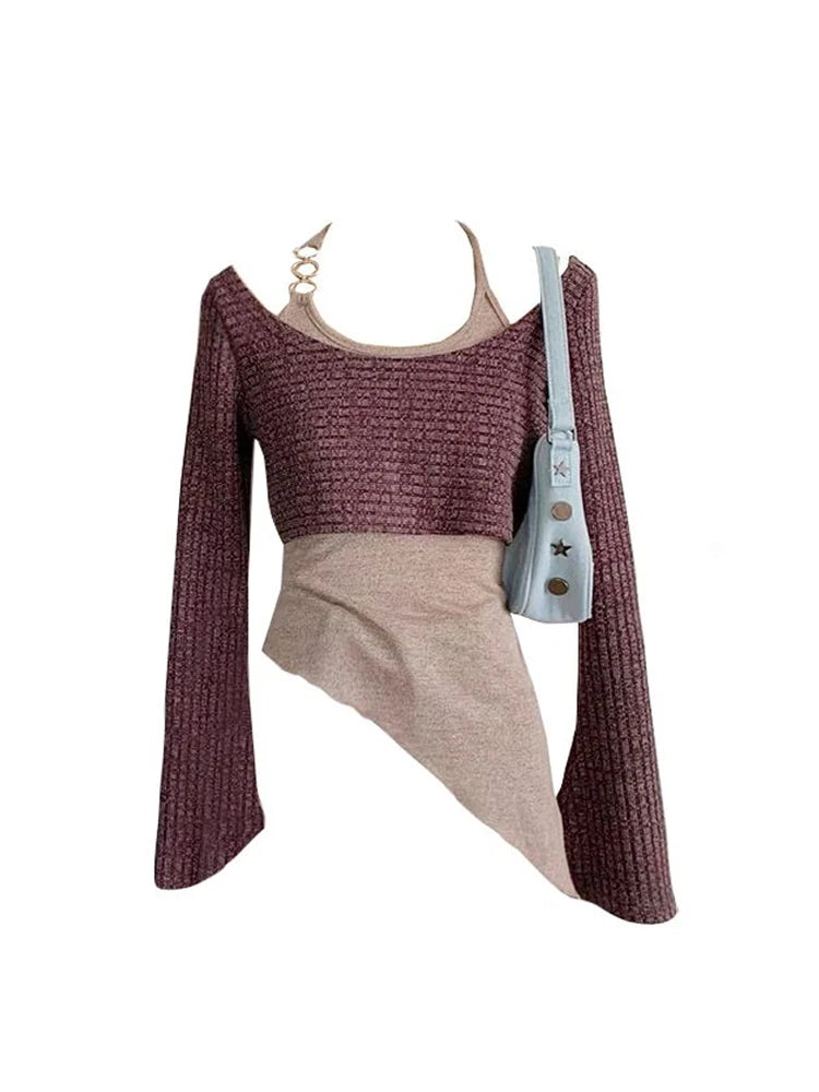 Women's Grey Pullover Knitted Sweater Vintage Harajuku 2000s Fashion Elegant Casual Long Sleeve Sweater Top 90s Clothes Autumn