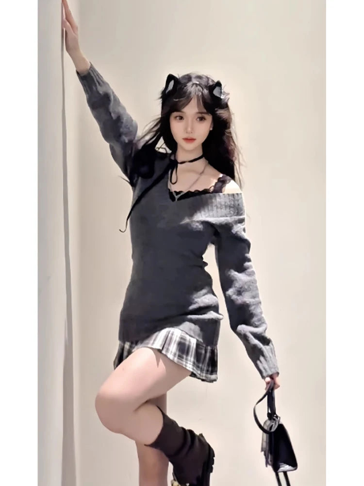 Women's Dark Grey Pullover Cashmere Sweater Harajuku Y2k Long Sleeves V-Neck Sweaters Jumper Vintage 2000s Clothes Autumn 2024