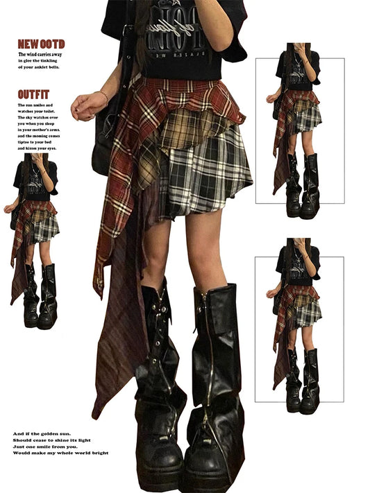 Women's A-line Plaid Skirt Vintage Fashion Aesthetic Y2k Asymmetrical Mini Skirt Harajuku Korean Skirt 2000s Clothes 2024 Summer