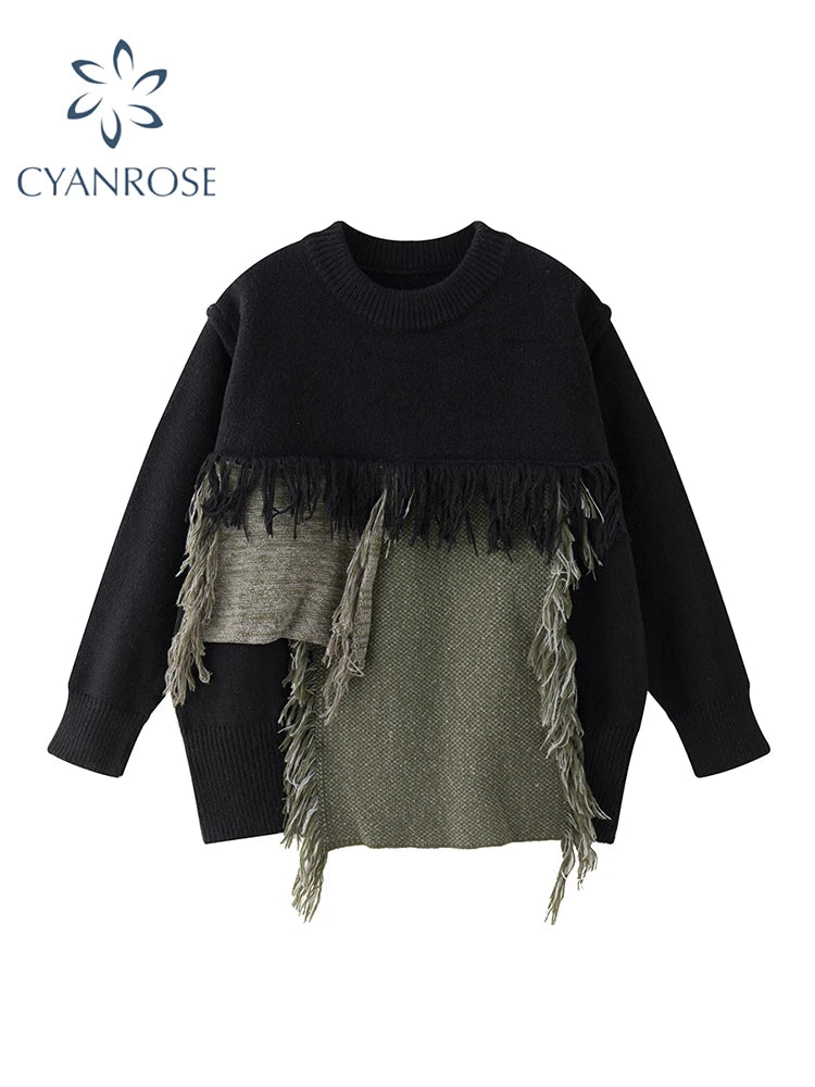Women's Black Gothic Y2k Two-tone Knitted Sweater Harajuku Korean Y2k Long Sleeves Jumper Sweaters Vintage 2000s Clothes Autumn