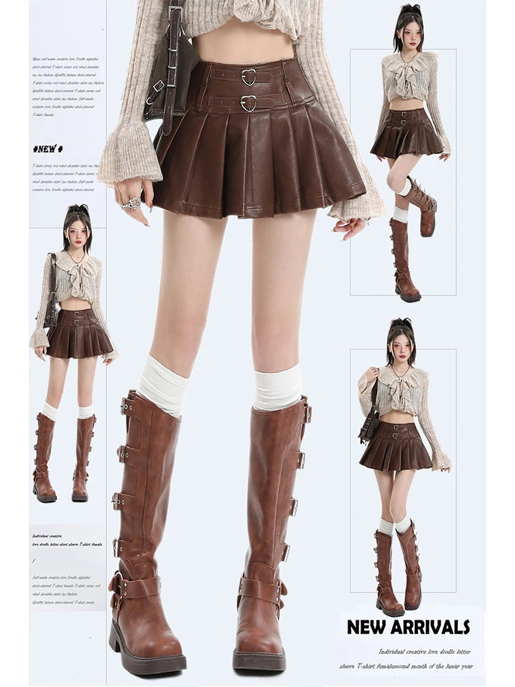 Women's Coffee Leather Pleated Skirt Harajuku Y2k 2000s Vintage Mini Skirt 90s Aesthetic Streetwear Fashion A-Line Skirt Clothes