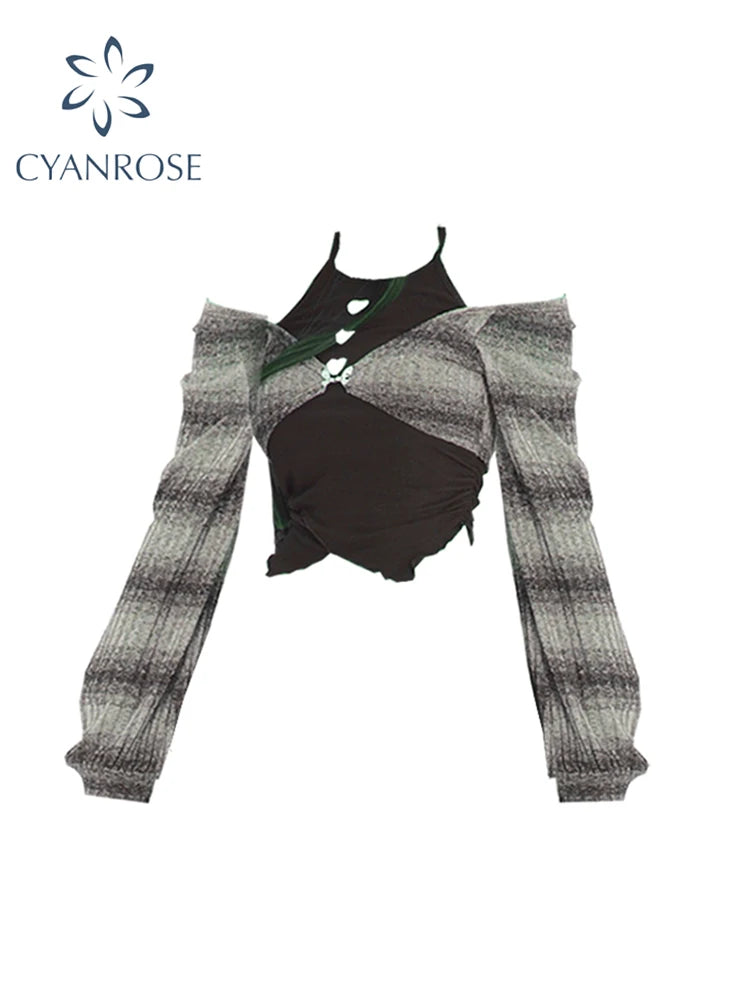 Women's Striped T-shirt Harajuku Korean Y2k Tee Top Vintage Elegant Streetwear Aesthetic Long Sleeve T-shirt 2000s Clothes 2024