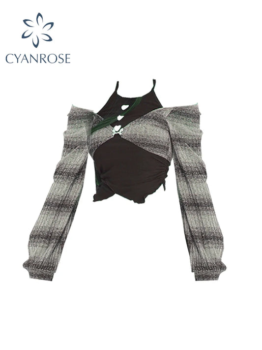 Women's Striped T-shirt Harajuku Korean Y2k Tee Top Vintage Elegant Streetwear Aesthetic Long Sleeve T-shirt 2000s Clothes 2024