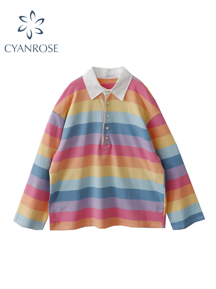 Women's Rainbow Striped T-shirt Harajuku Korean Y2k Tee Top Vintage 90s Aesthetic Long Sleeve T-shirt 2000s Fashion Clothes 2024
