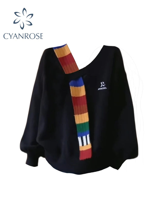 Women's Black Gothic Pullover Sweater Harajuku 90s Vintage Korean Y2k Long Sleeves Cashmere Sweaters Jumper 2000s Clothes Autumn