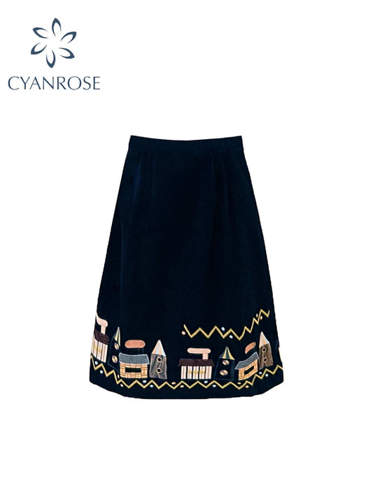 Women's Navy A-line Skirt Vintage 90s Aesthetic Pattern Skirts Harajuku Korean Oversize Y2k Long Skirts 2000s Emo Clothes Summer