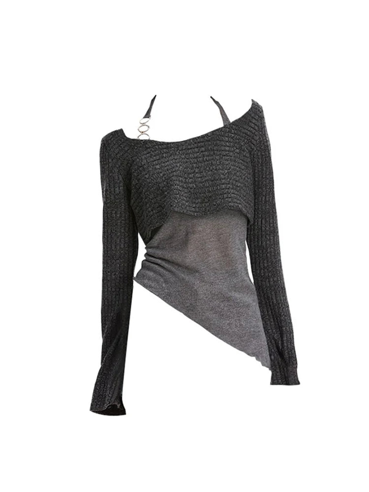 Women's Grey Pullover Knitted Sweater Vintage Harajuku 2000s Fashion Elegant Casual Long Sleeve Sweater Top 90s Clothes Autumn