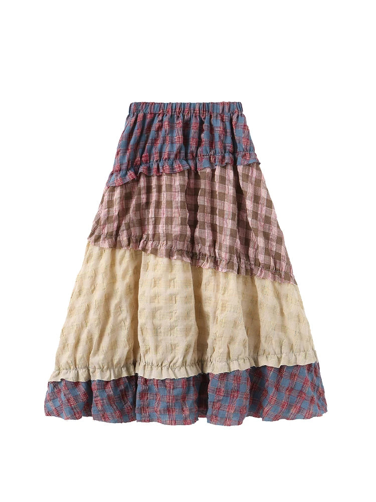 Women Black Gothic Y2k Patchwork Plaid Skirt Elegant Harajuku A-line Skirts 90s Aesthetic Vintage Long Skirt 2000s Clothes 2025