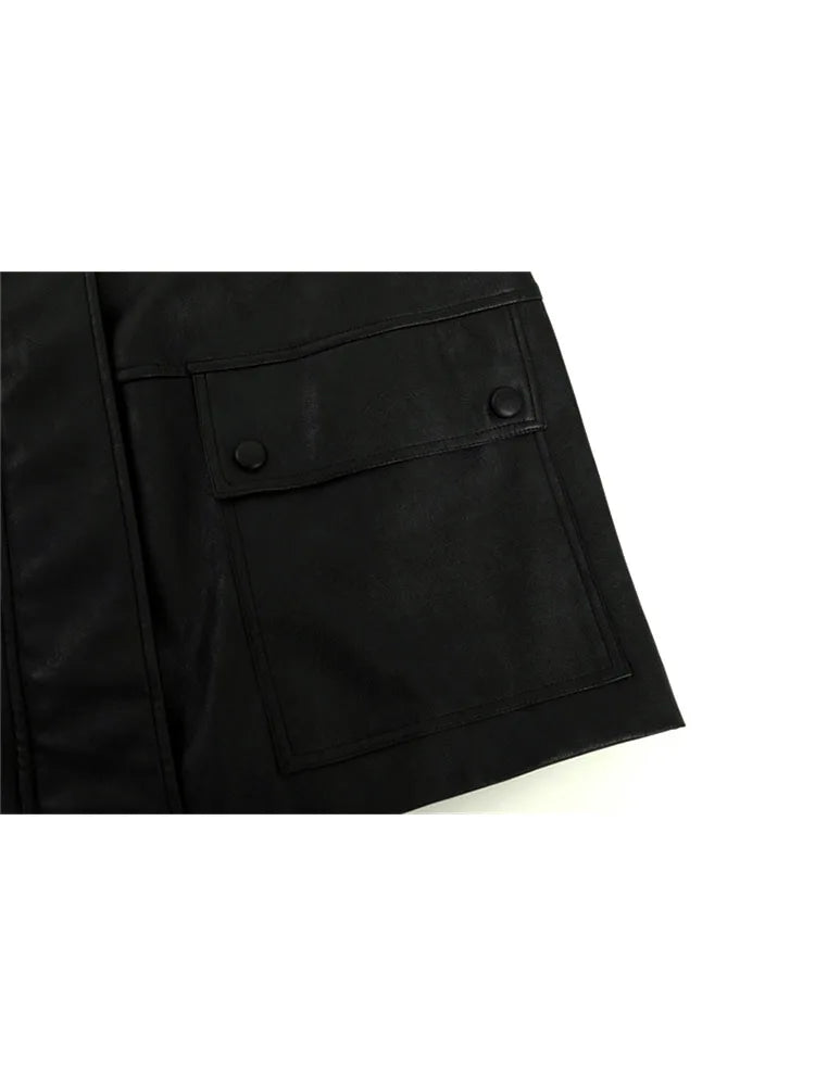 2022 Autumn Winter New PU Leather Jacket Women's Vintage Black Motorcycle Coat Female Korean Casual Loose Streetwear Outwear