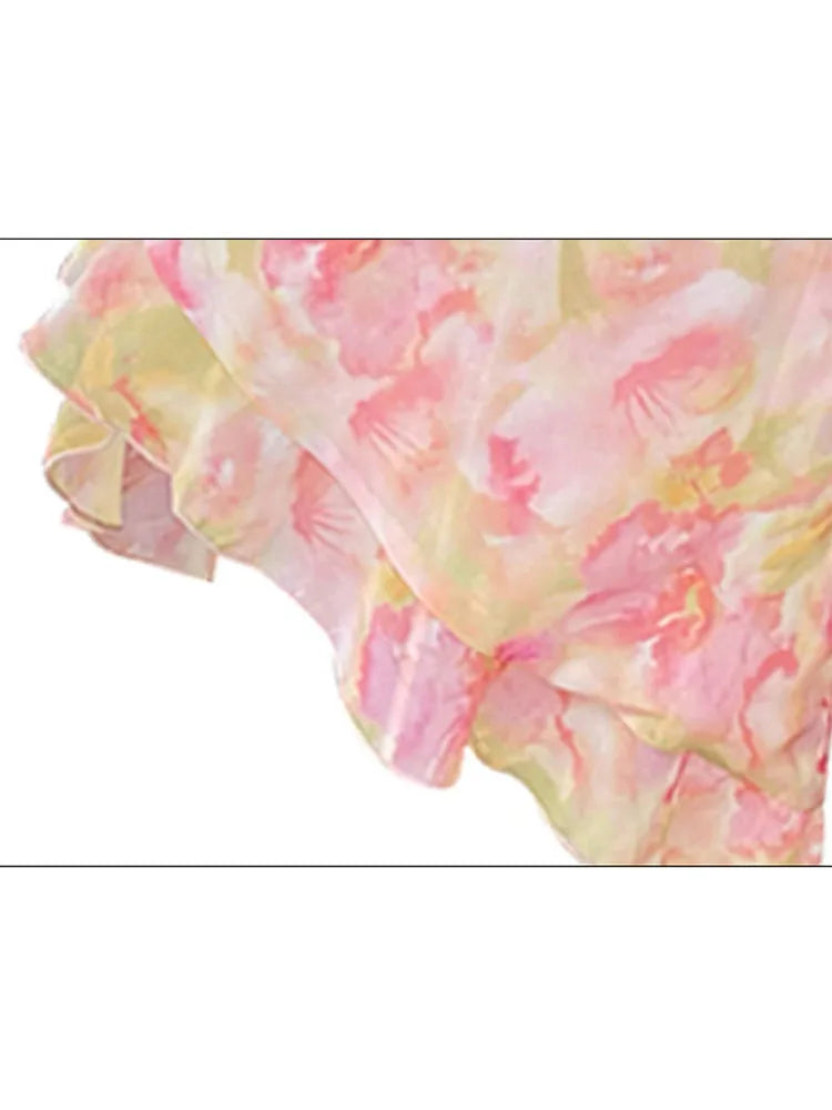 Women Sexy Backless V-Neck Floral Print Suspender Dress Fashion French Elegant Holiday Party Club Sweet Mini Dress 2025 Summer