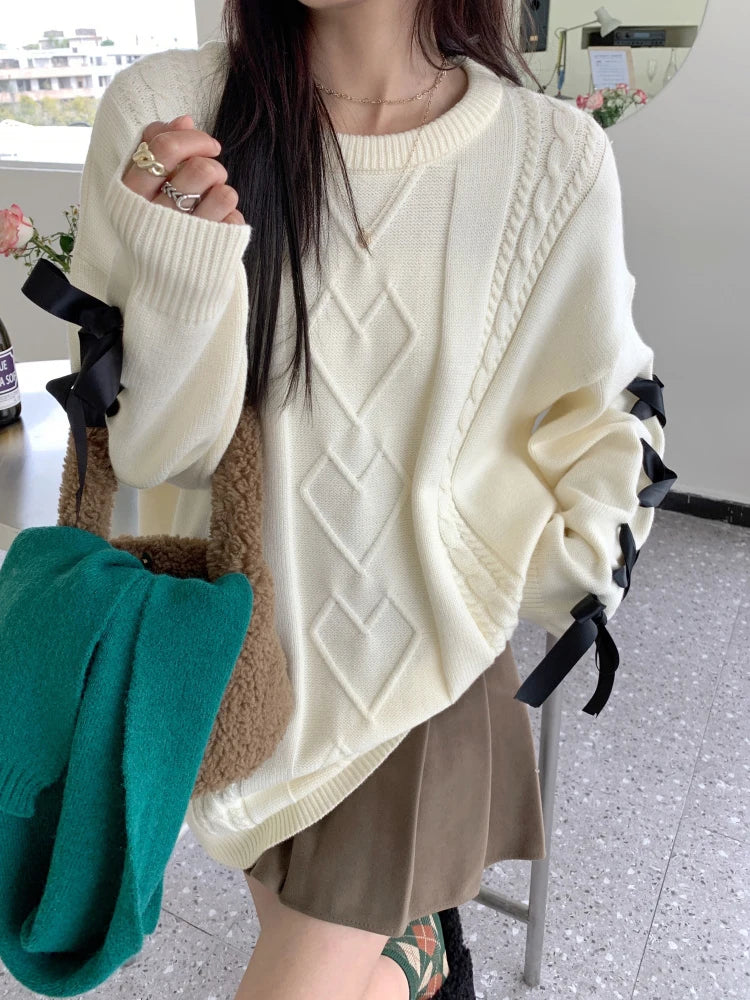 Women's Lace-up White Pullover Knitted Sweater Harajuku Y2k Long Sleeves O-Neck Sweater Jumper Vintage 2000s Aesthetic Clothes