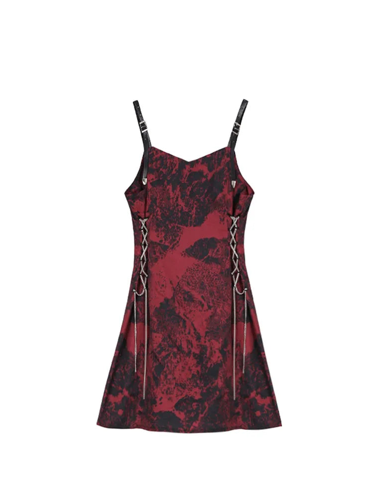 Retro Tie Dyed Women's Spaghetti Strap Dress 2025 Summer Streetwear Sexy Off Shoulder Bandage Y2k Gothic A-Line Mini Dress Girl