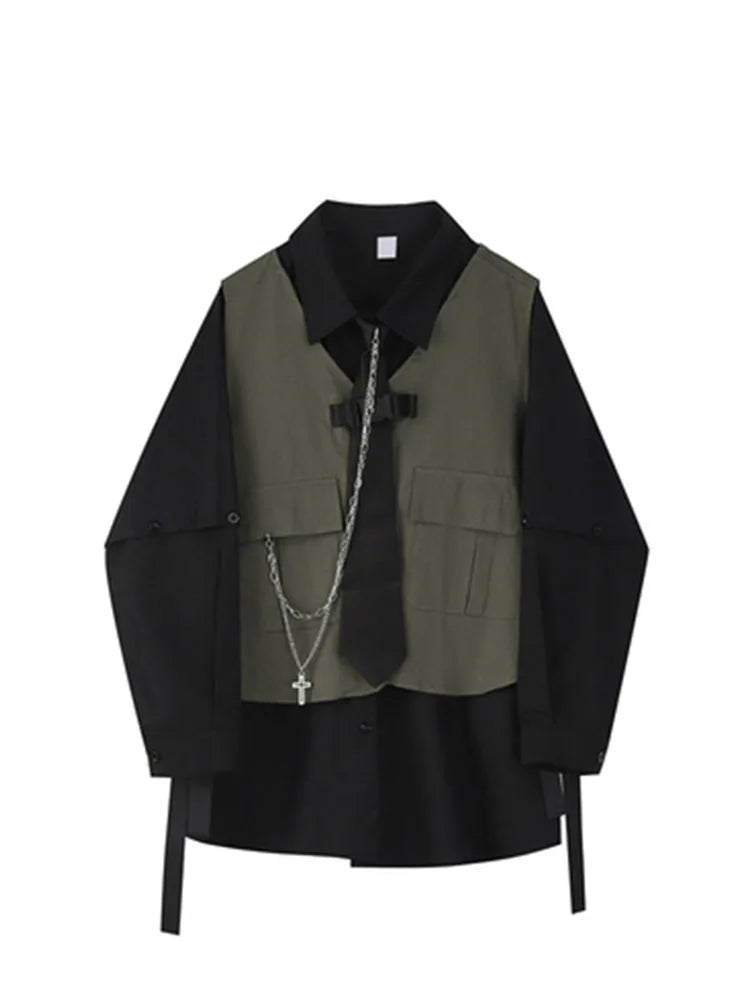 2022 Spring Autumn Women's Two-Piece Sets Streetwear Fashion Tooling Style Vest And Solid Loose Long Sleeve Shirts Female Suit