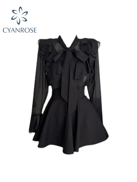 Women Korean Style Dress Vintage Fashion Elegant Chic Black Gothic Long Sleeve Loose Kawaii A-line Shirt Dresses For Women 2025