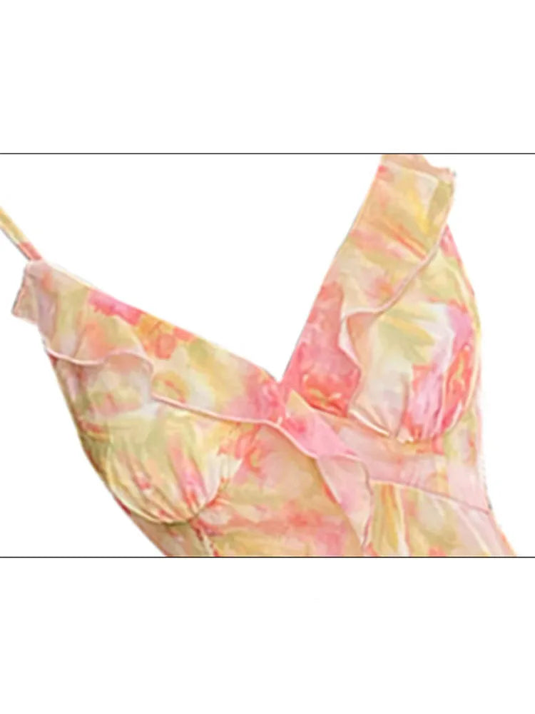 Women Sexy Backless V-Neck Floral Print Suspender Dress Fashion French Elegant Holiday Party Club Sweet Mini Dress 2025 Summer