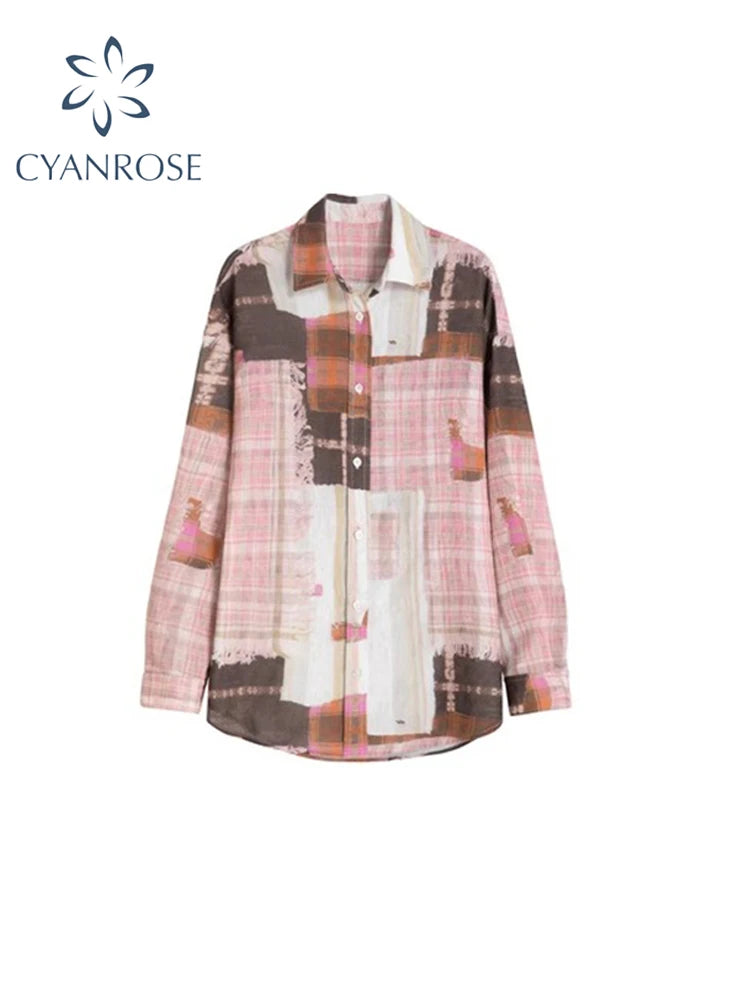 Women's Pink Plaid Patchwork Shirts Blouses Vintage Harajuku 90s Y2k Elegant Long Sleeve Shirt Top 2000s Streetwear Clothes 2024
