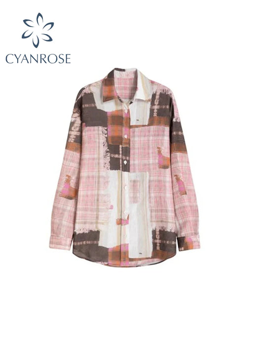 Women's Pink Plaid Patchwork Shirts Blouses Vintage Harajuku 90s Y2k Elegant Long Sleeve Shirt Top 2000s Streetwear Clothes 2024