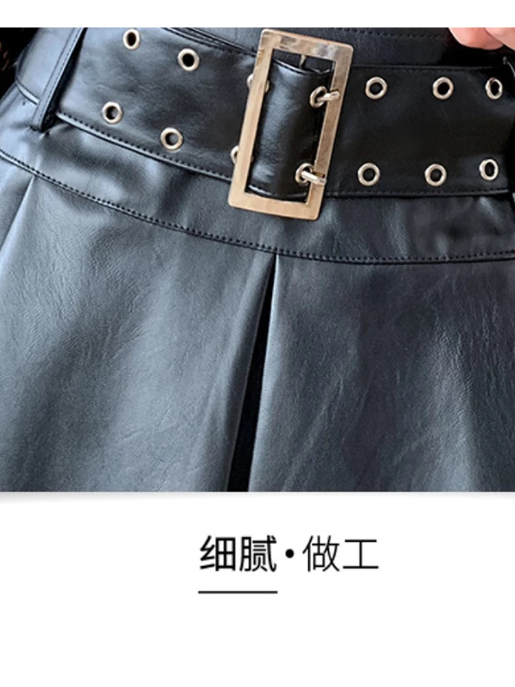 Women Leather Skirts Vintage Female Streetwear Korean High Waist Fashion Y2k Black Gothic Punk Silver A-line Pleated Mini Skirt