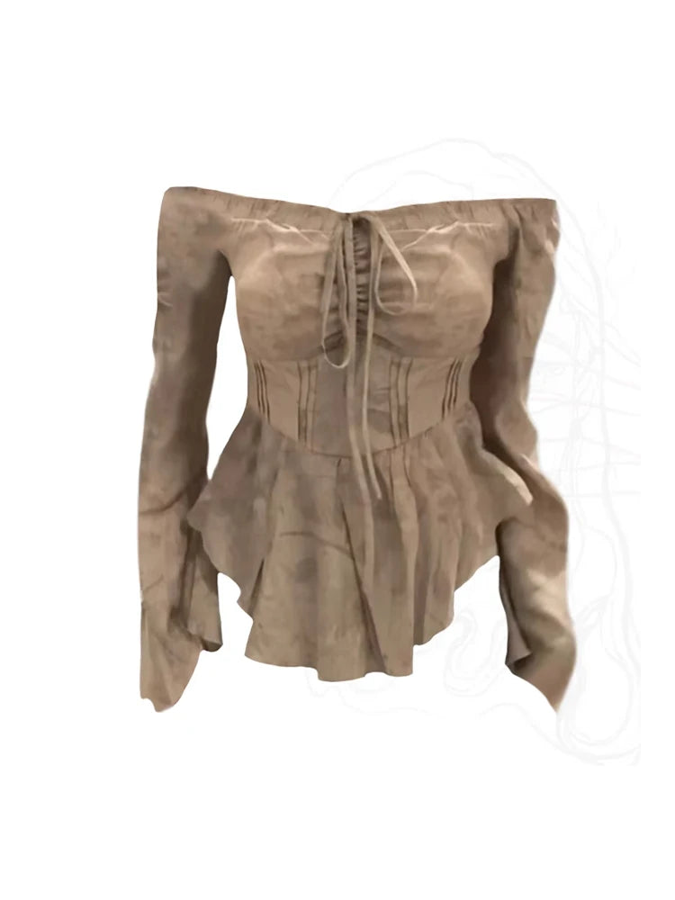 Women T-shirt Harajuku Korean Y2k Tee Top 90s Aesthetic Streetwear Vintage Long Sleeve Slash Neck T-shirt 2000s Fashion Clothes