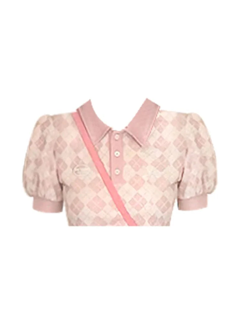 Women Summer Plaid Mini Dress Kawaii High Waist Polo-Neck Cute Slim Midi Dress French Elegant Loose Sweet Party Holiday Vestidos