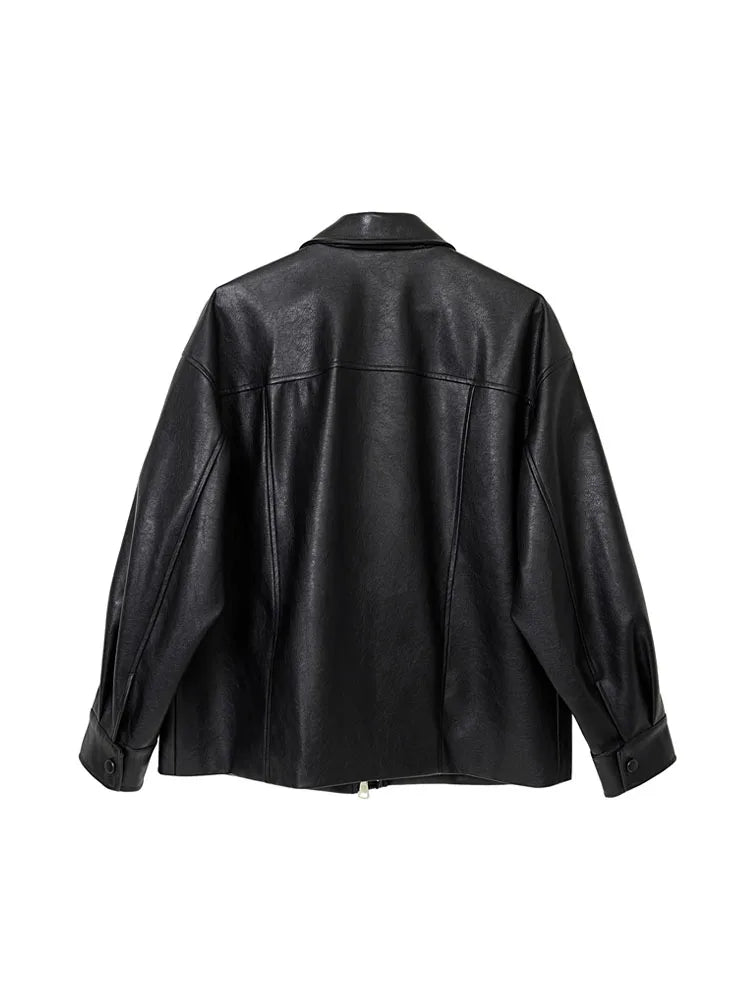 2022 Autumn Winter New PU Leather Jacket Women's Vintage Black Motorcycle Coat Female Korean Casual Loose Streetwear Outwear
