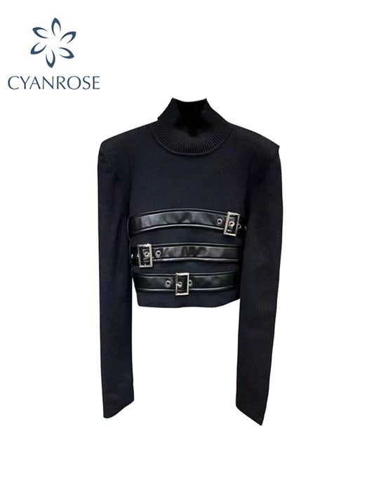 Women's Black Gothic Pullover Knitted Sweater Long Sleeve Sweaters Jumper 90s Korean Y2k Emo 2000s Harajuku Vintage Clothes 2023