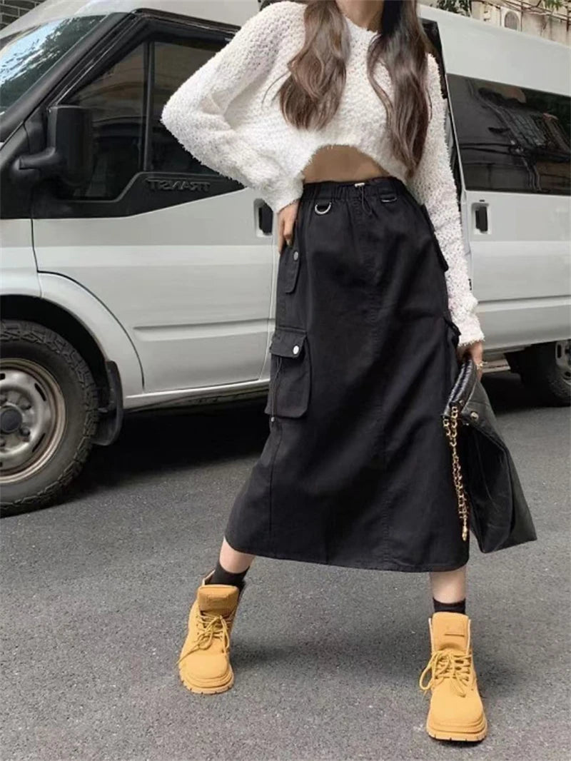 Women's Black Gothic A-line Cargo Skirt Vintage Aesthetic Streetwear Y2k Long Skirt Harajuku Korean Skirts 2000s Clothes Summer