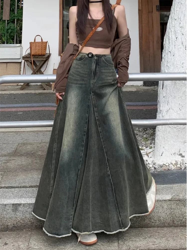 Women Blue Y2k A-line Jeans Skirt Elegant Harajuku Long Denim Skirts Streetwear 90s Aesthetic Vintage Cowboy Skirt 2000s Clothes
