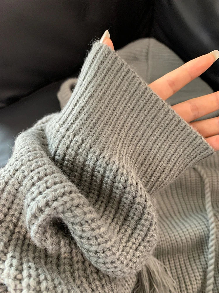 Women's Grey Hoodies Pullover Knitted Sweater Vintage Harajuku Casual Y2k 90s Aesthetic Long Sleeve Knit Sweaters 2000s Clothes