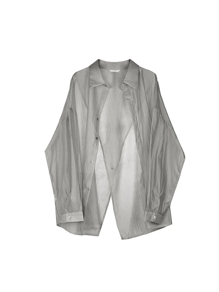 Women's Grey Shirts and Blouses Y2k Vintage Korean Streetwear Harajuku 2000s Elegant Long Sleeve Polo-Neck Shirt Clothes Summer