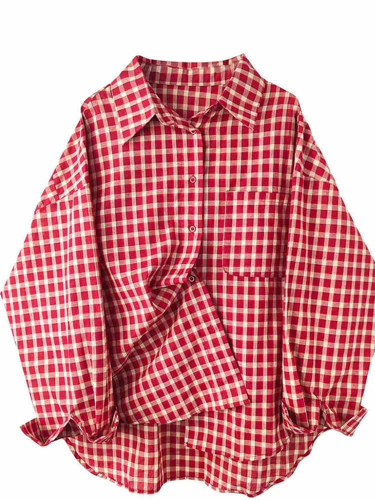 2025 Y2k Autumn Women New Vintage Red Plaid Turn-down Collar Over-shirt Long Sleeve Streetwear Loose Patchwork Harajuku Blouses