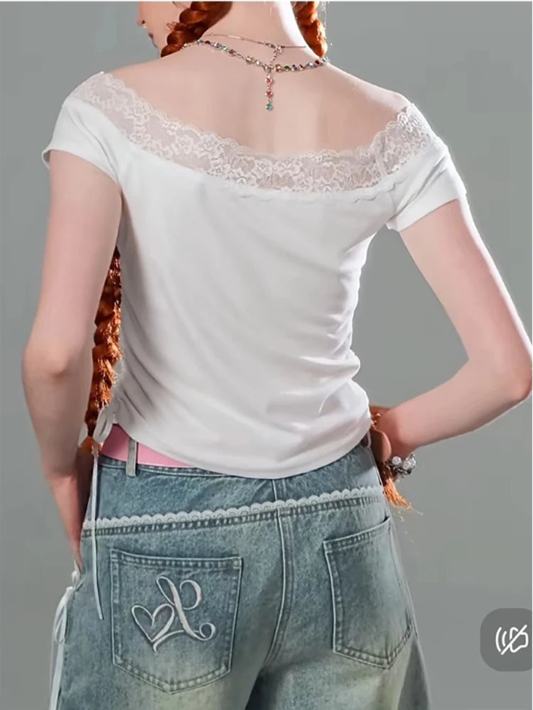 Women's White Graffiti Print T-shirt Harajuku Korean Y2k Tee Top Vintage 90s Aesthetic Short Sleeve T-shirt 2000s Clothes Summer