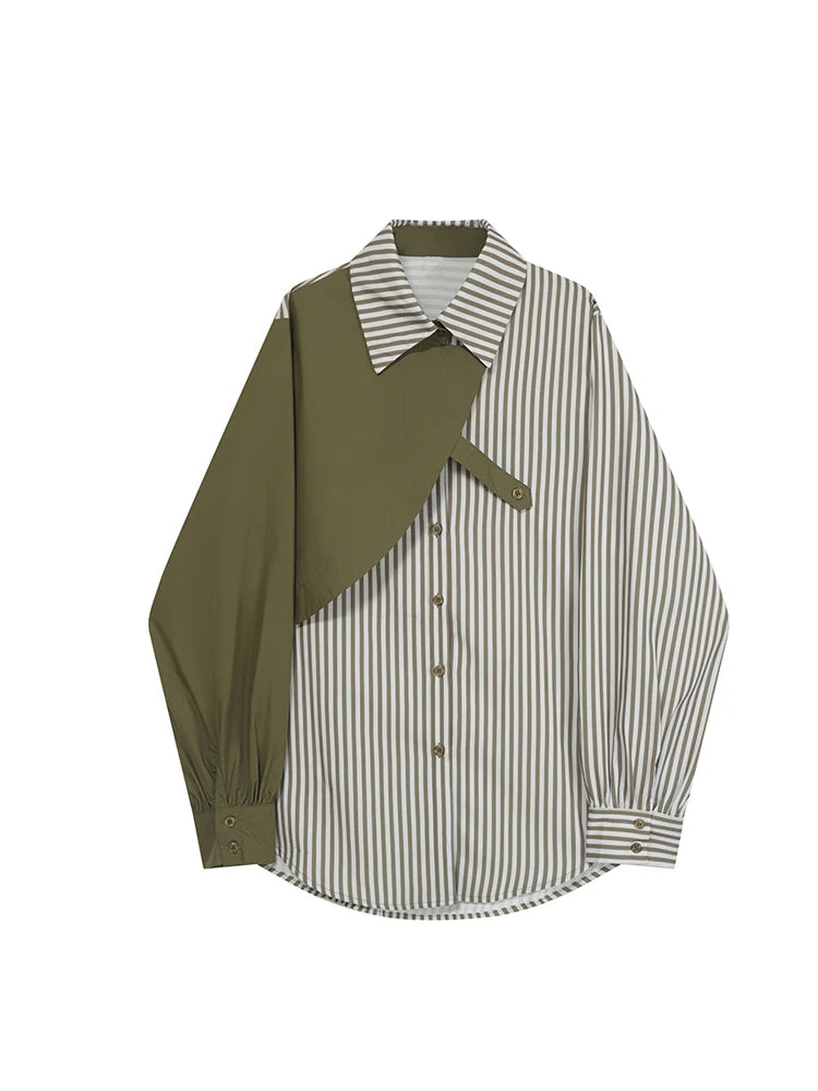 Women Patchwork Green Striped Shirts and Blouses Korean Kawaii Harajuku Y2k 90s Fashion 2000s Vintage Long Sleeve Shirt Clothes