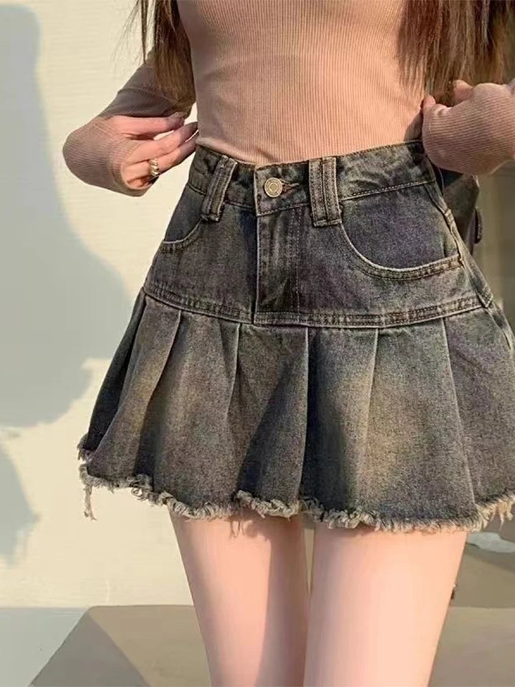 Women's Blue A-line Denim Pleated Skirt Vintage Aesthetic Streetwear Y2k Jeans Skirt Harajuku Korean Skirts 2000s Clothes Summer