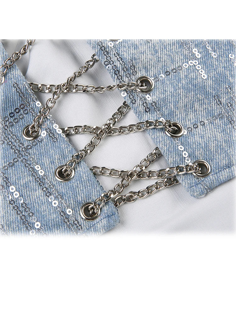 Women's Summer Chain Strap Crop Top Sexy Y2k Casual Chic Vintage Off Shoulder Hollow Out Sequins Blue Tank Top Vest Korean 2023