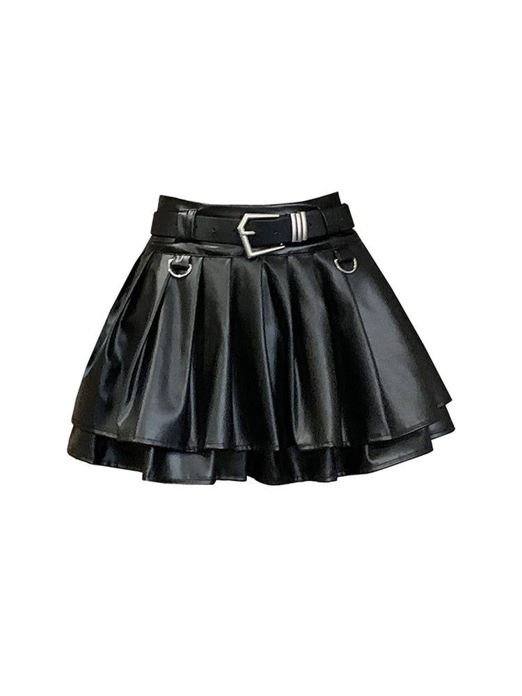 Women Black A-line Leather Skirt Vintage Aesthetic Y2k Pleated Skirt Harajuku Korean Gothic Mini Skirt Emo 2000s Clothes Summer
