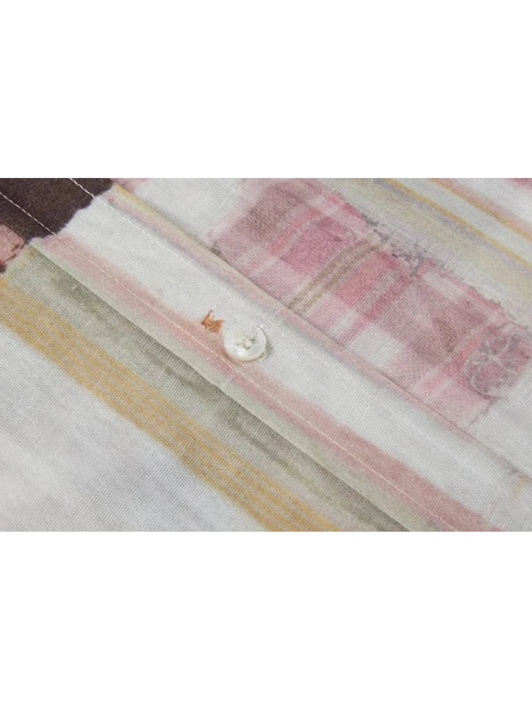 Women's Pink Plaid Patchwork Shirts Blouses Vintage Harajuku 90s Y2k Elegant Long Sleeve Shirt Top 2000s Streetwear Clothes 2024