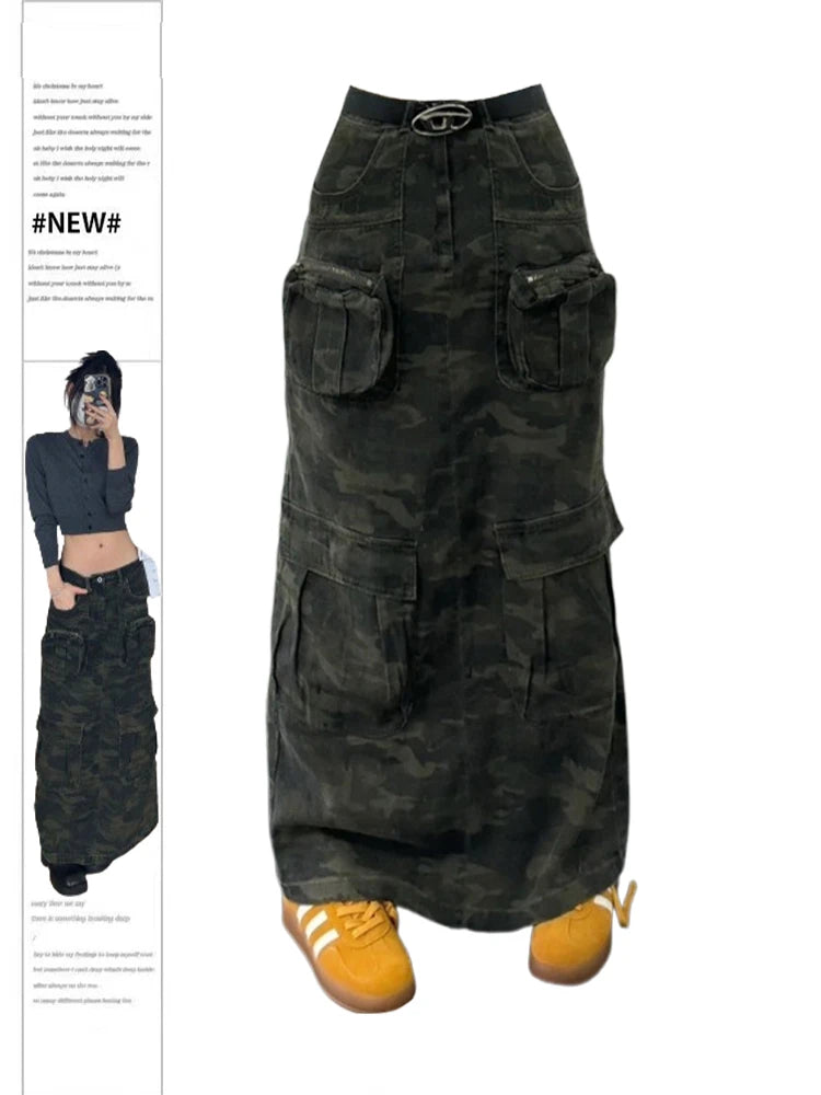 Women A-line Camouflage Skirt Vintage 90s Aesthetic Y2k Long Cargo Skirt Harajuku Korean Skirts 2000s Trashy Emo Clothes Summer