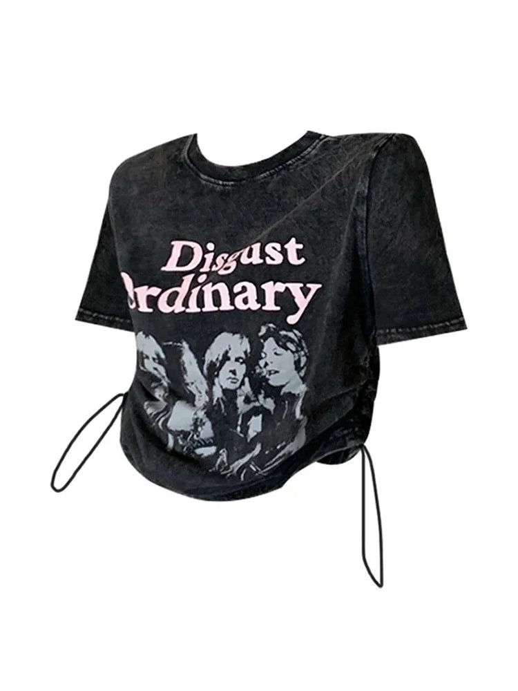 2023 Summer Funny Shirt Women T-Shirts Y2k Harajuku Fashion Korean Vintag Print Crop Tops Vintage Short Sleeve Gothic Black Tee